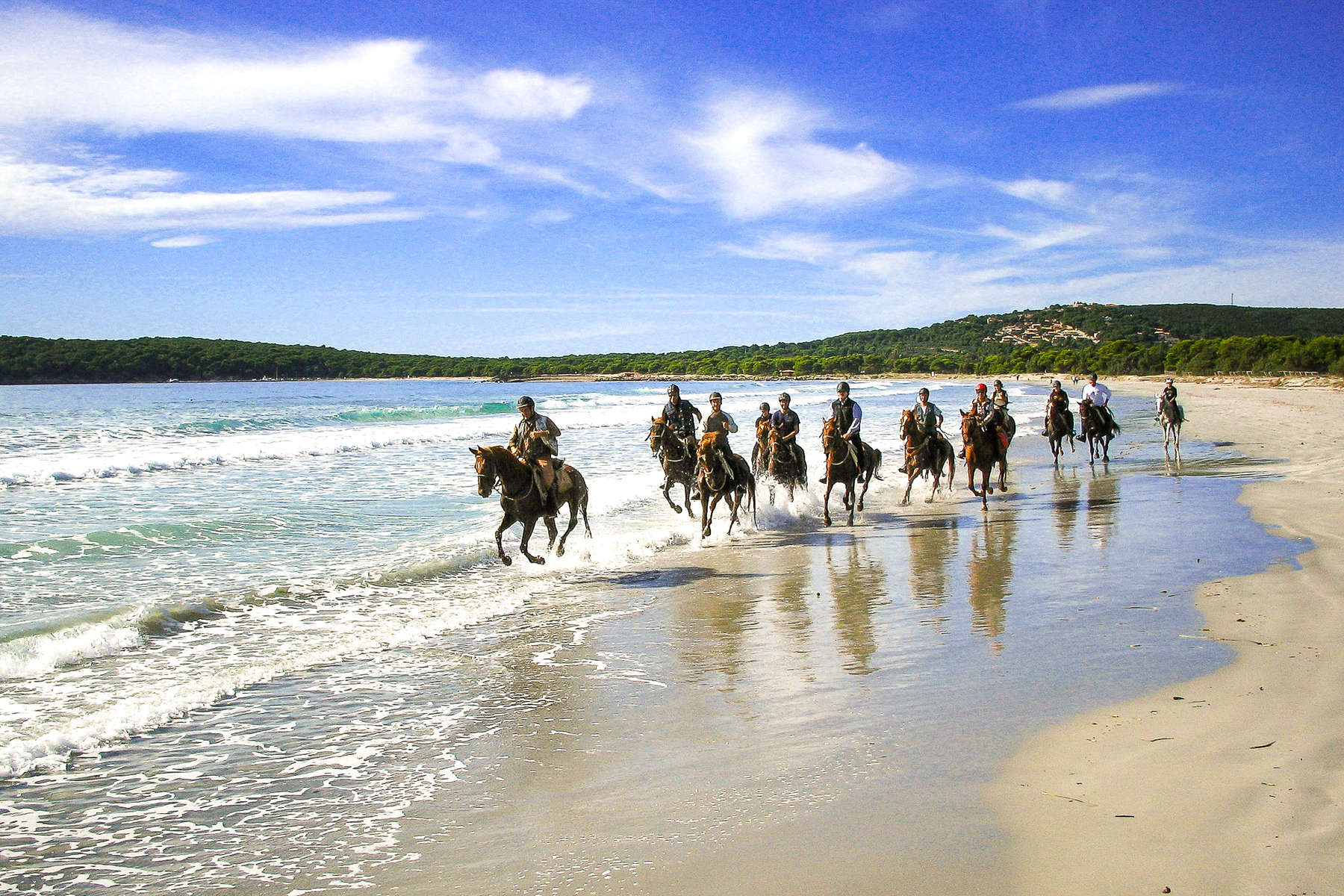 Group of riders cantering in the sea on a beach in Sardinia
