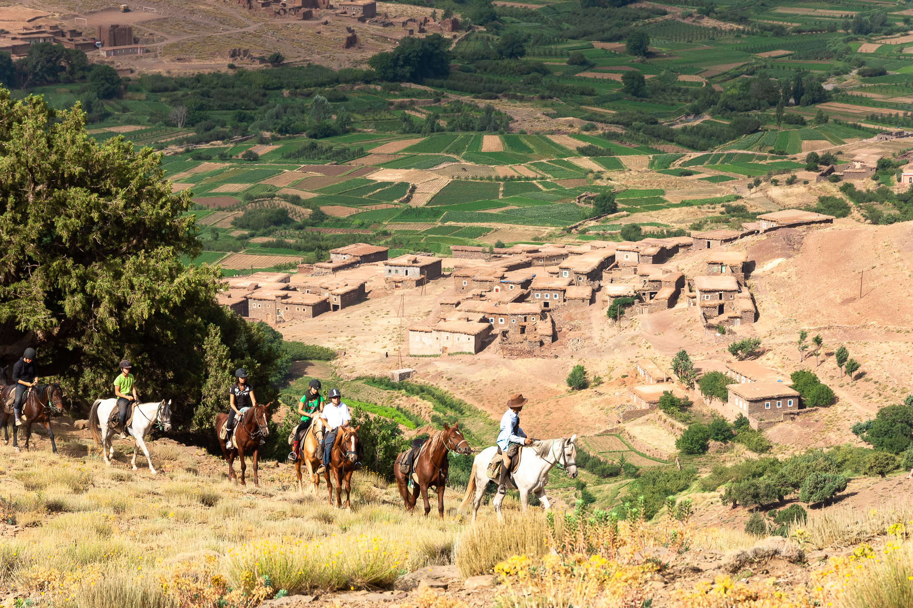 Discover the Atlas Mountains and its traditional villages Riders with a background of the valley, Atlas, Morocco