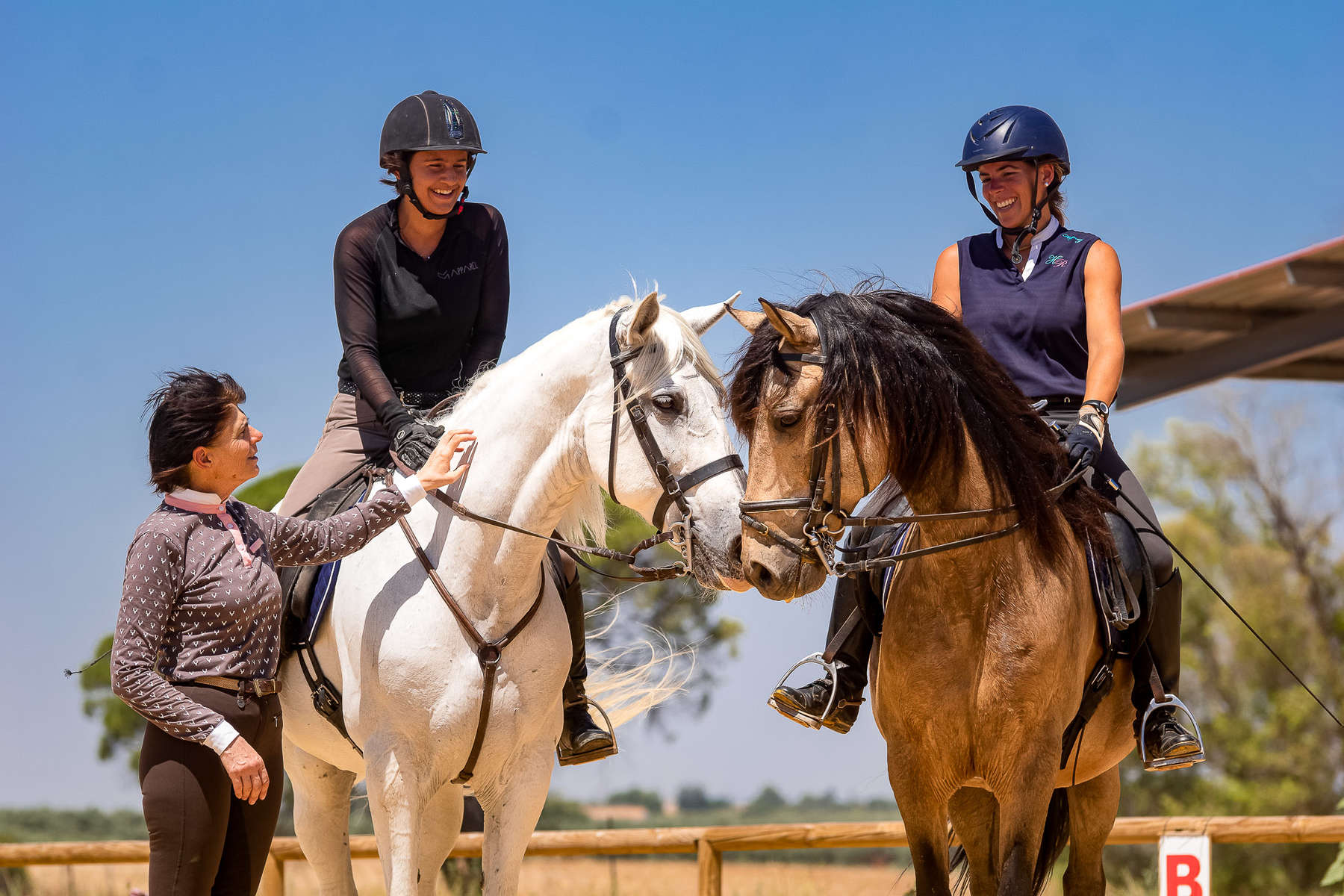 Two riders discussing with their instructors on a dressage holiday