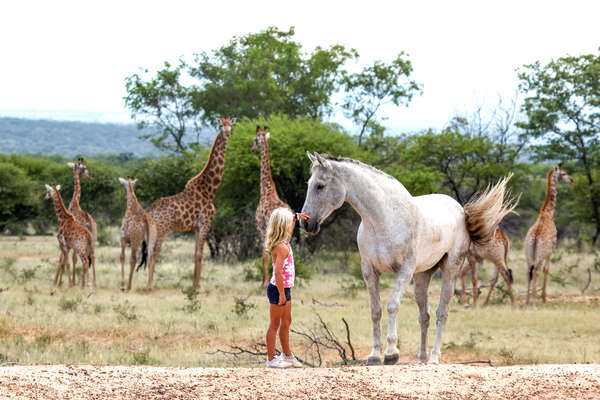 A young girl with a horse in the African bush during a riding safari holiday
