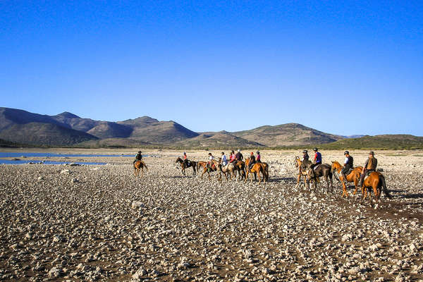 Groups of riders on horseback on a wide beach with mountains in the background