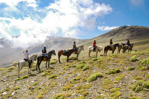 Horseback iders on the slops of the Sierra Nevada in Spain