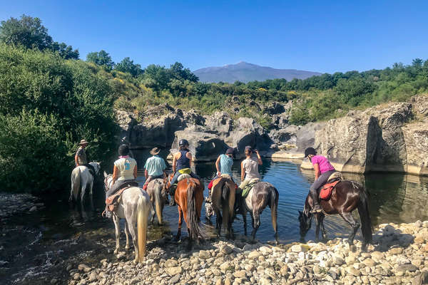 Horseback riders giving their horses a drink in Italy