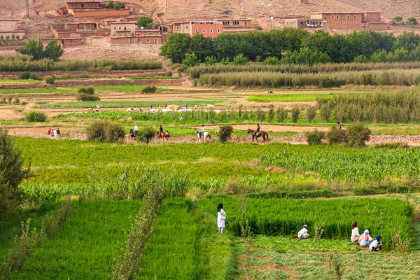 Horseback riders riding across a green, fertile valley