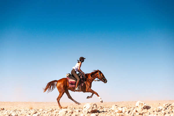 Rider and her horse galloping in Namibia