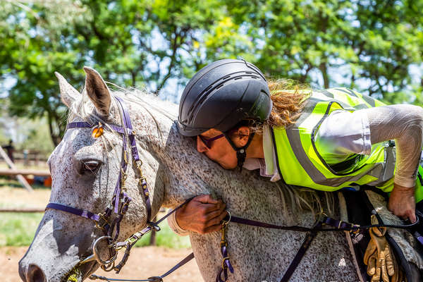 Rider showing some love to her Arabian endurance horse after an endurance race in Namibia