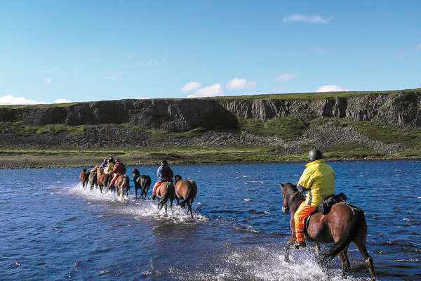 Small group of riders riding their horses in a river in Iceland