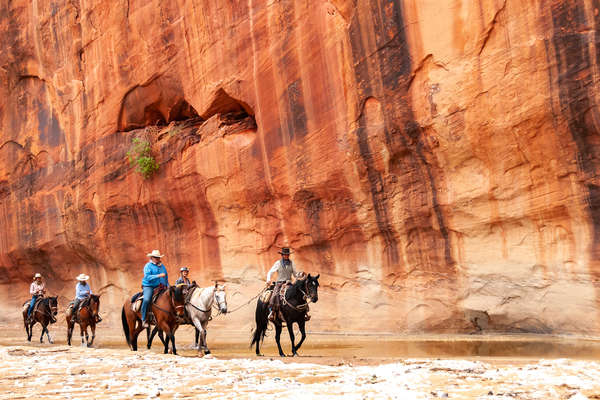 Trail riding through a canyon in America