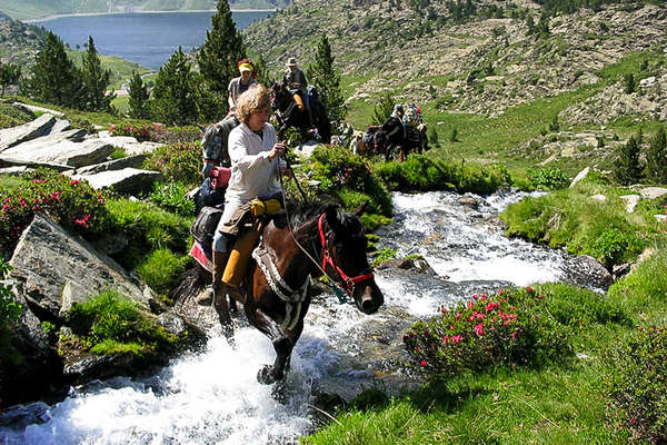 Watercourse crossing with a horse in the Pyrenees