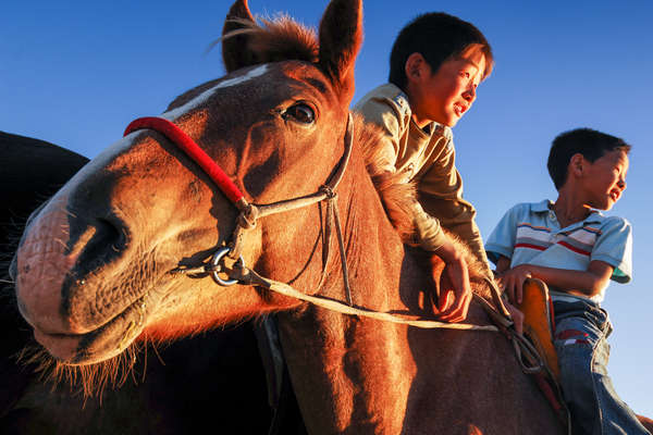 Young Mongolian boys on horseback