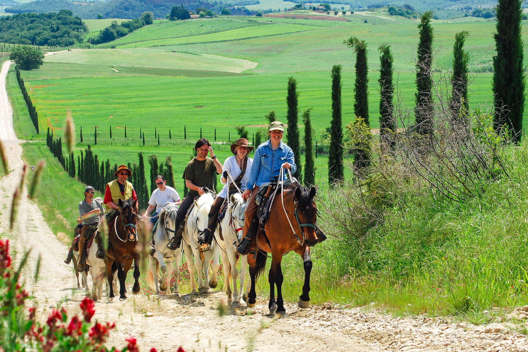 Groups of riders on a trail ride in Tuscany