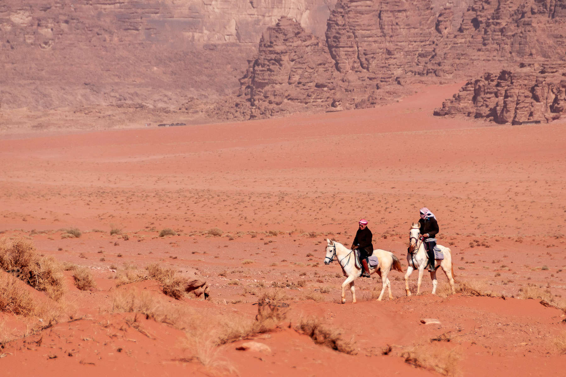 Horses and riders in the Wadi Rum desert, Jordan