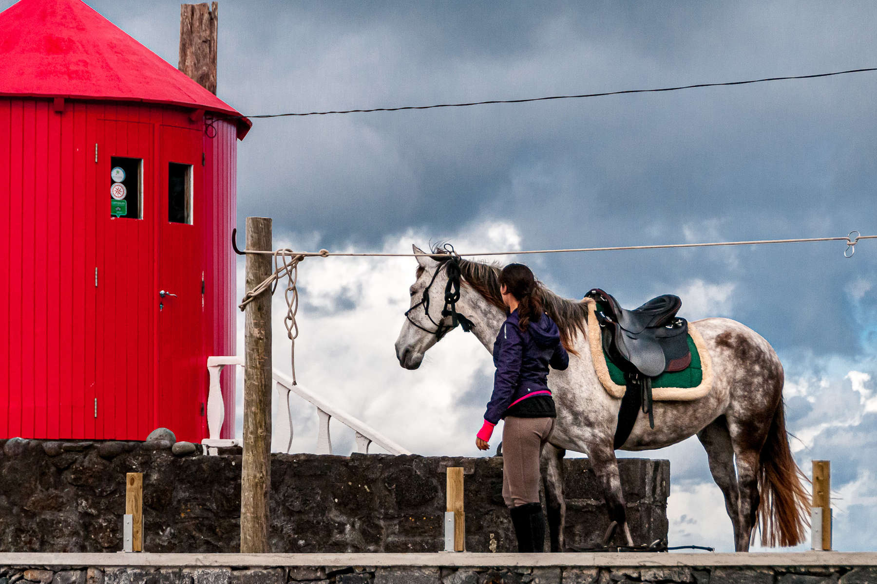 Rider, horse and red mill on Faial Island