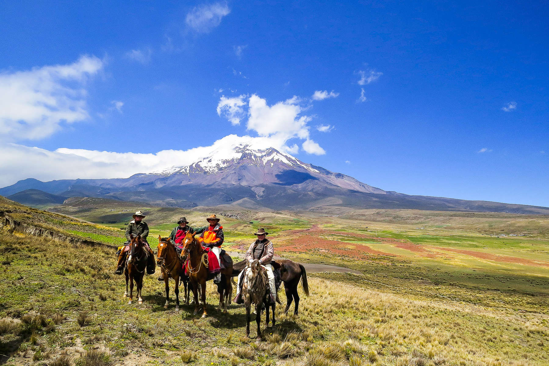 An exciting trail ride in the Avenue of Volcanoes Riders in front of Cotopaxi volcano in Ecuador