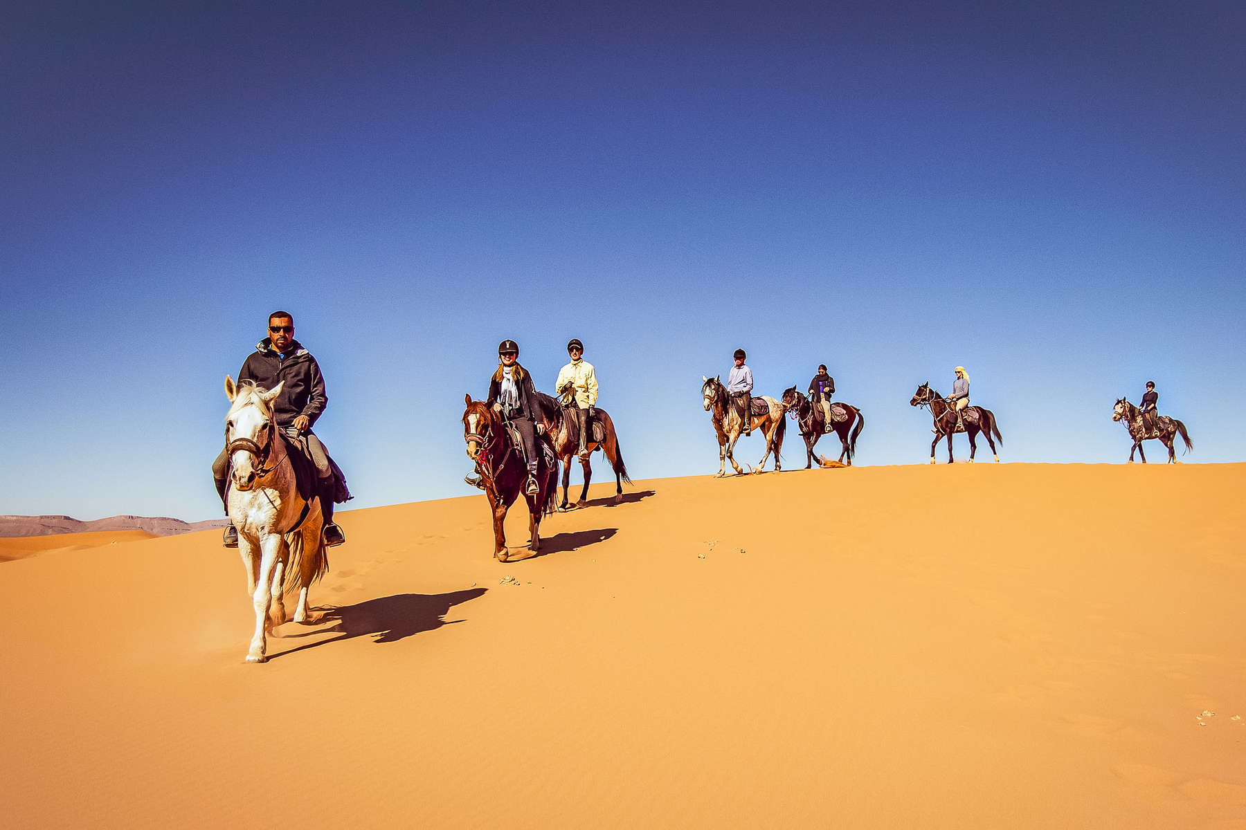 Riders riding in a single line on a sand dune in the Sahara