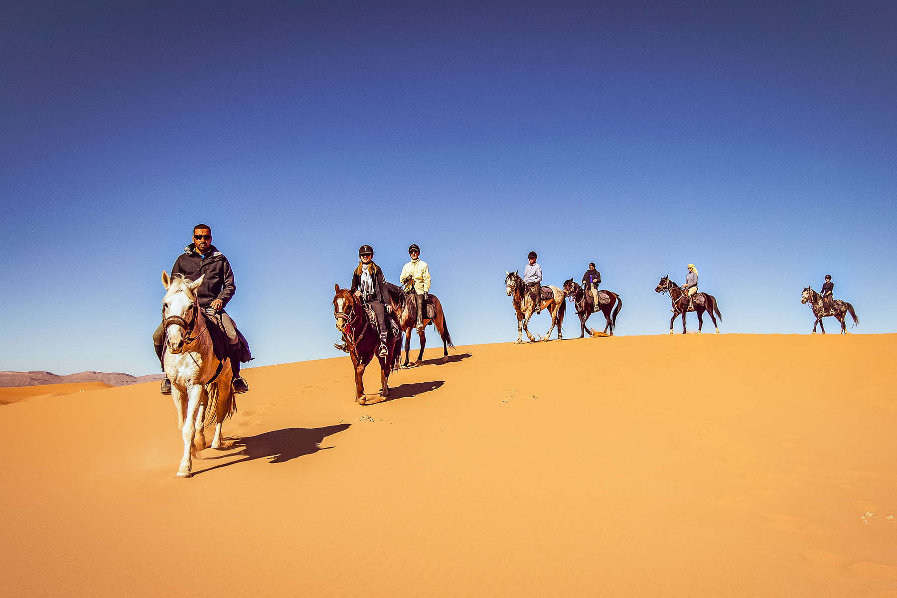 You ride across a variety of terrain from sand dunes to dry plateaus Riders riding in a single line on a sand dune in the Sahara