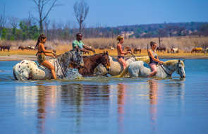 Riders riding into the Horizon lake, South Africa