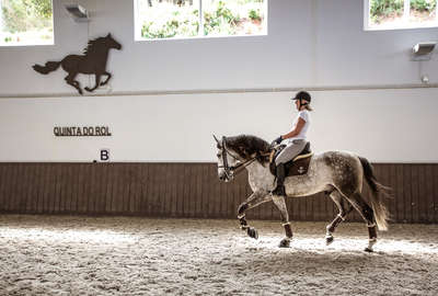 Dressage rider riding a Lusitano horse in the indoor arena at Quinta do Rol