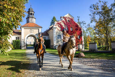 Riders passing by the front of the Galiny Palace in Poland