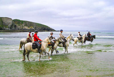 Riders riding their horses into the ocean in France