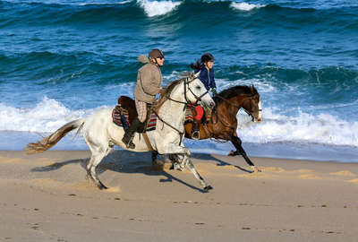 Two riders cantering along the beach in the Alentejo, Portugal