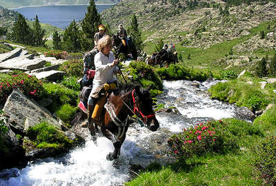 Watercourse crossing with a horse in the Pyrenees