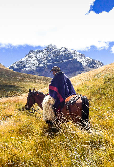 Rider on horseback in mountainous scenery in Ecuador