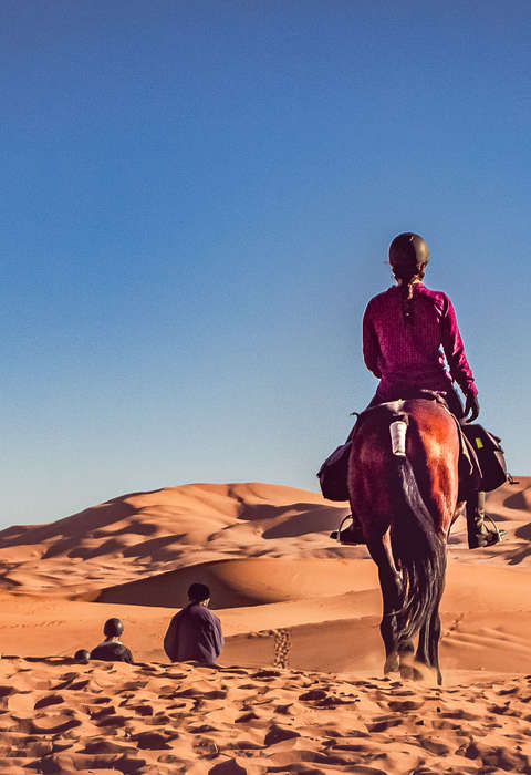 Take in the stunning scenery of Merzouga and its renowned sand dunes Trail riding in the Sahara in Morocco to the sand dunes of Merzouga
