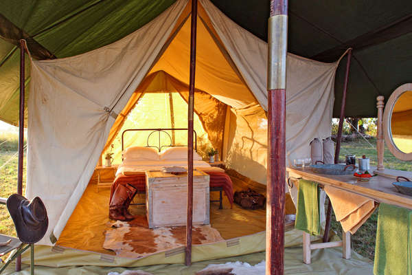 Beautiful Meru safari tent pitched during a riding safari in Kenya with Safaris Unlimited