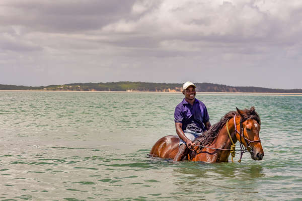 Groom riding a horse in the sea in Mozambique