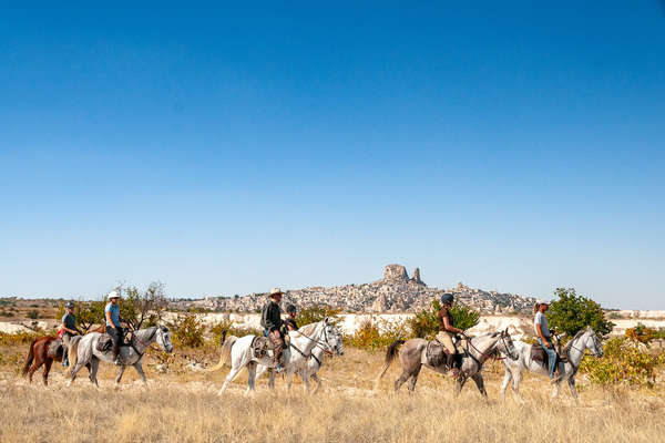 Group of horse riders walking in a field in Turkey