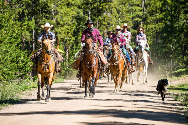 Group of riders on a trail ride in Wyoming on their dude ranch holiday