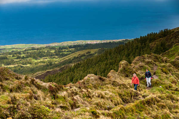 Hikers in the caldera of Faial Island