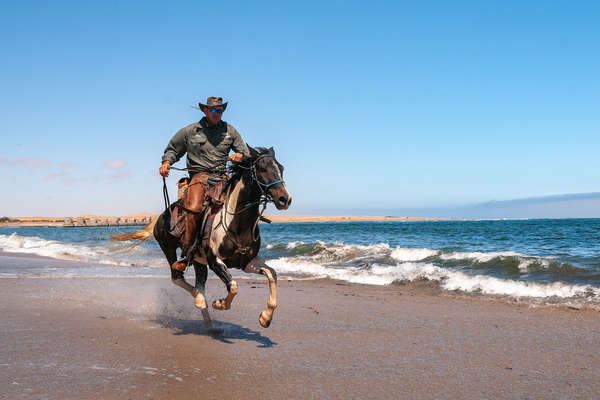 Horse and Andrew Gillies galloping along the Skeleton Coast