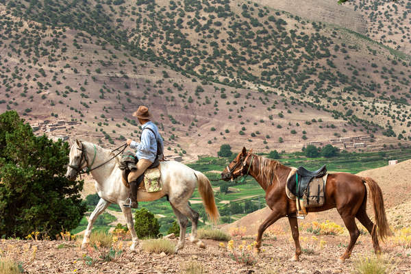 Horseback guide leading a horse in Morocco