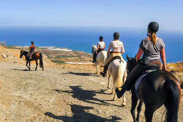Horseback riders riding on cliffs next to the sea