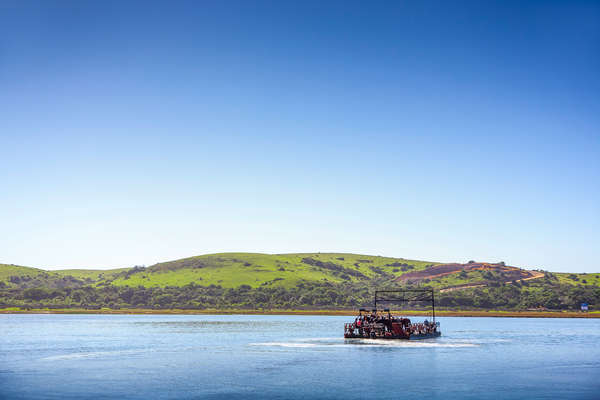 Horses and riders crossing the estuary on a ferry on the Kei River beach trai