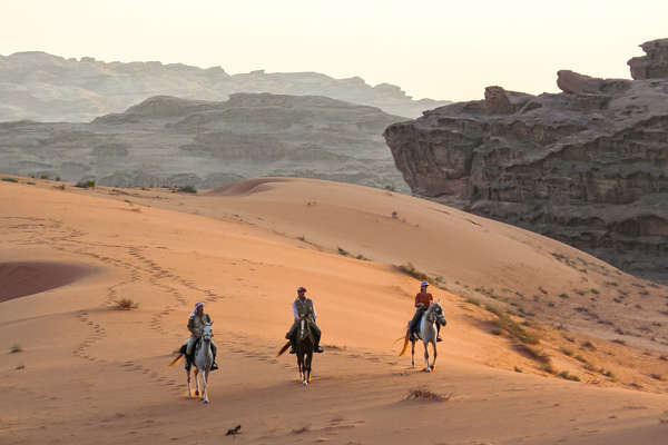 Horses and riders on trail ride in Jordan