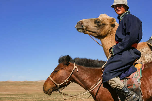 Nomad on horseback in Mongolia and camel in the background