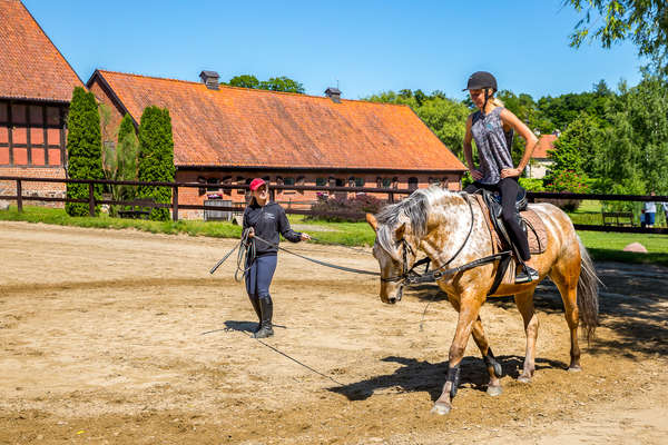 Rider being guided around the pen in Galiny