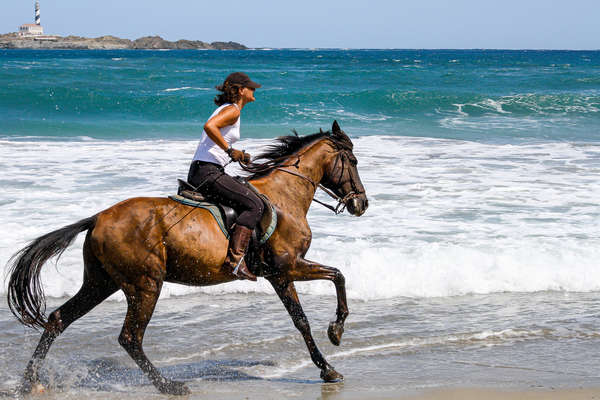 Rider on horseback cantering on a beach in Spain