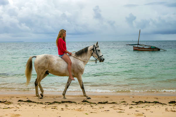 Rider walking alongside a white sand beach in Mozambique