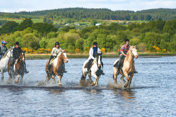 Riders and horses riding across a lake in Ireland