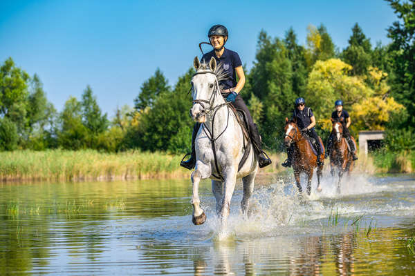 Riders cantering across a stream in a beatiful scenary in Poland