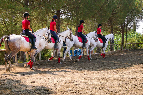 Riders during a dressage lesson in Italy