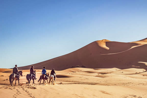 Riders facing sand dunes in the Sahara, Morocco