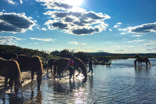 Riders leading their horses to a like in Lapland