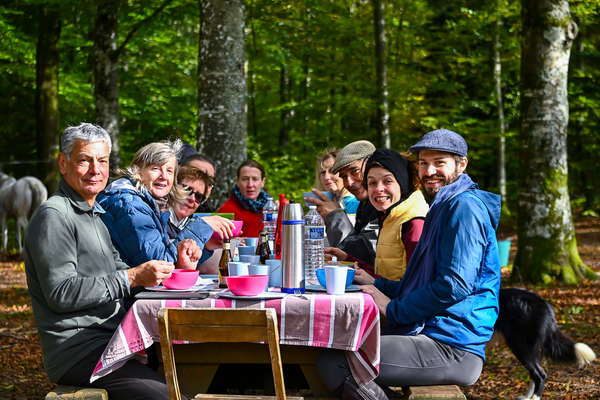 Riders on a picnic lunch - trail riding in France