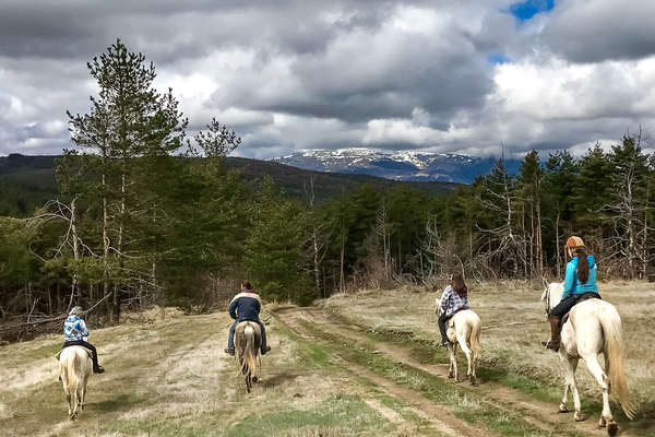 Riders on horseback with a mountain in the background