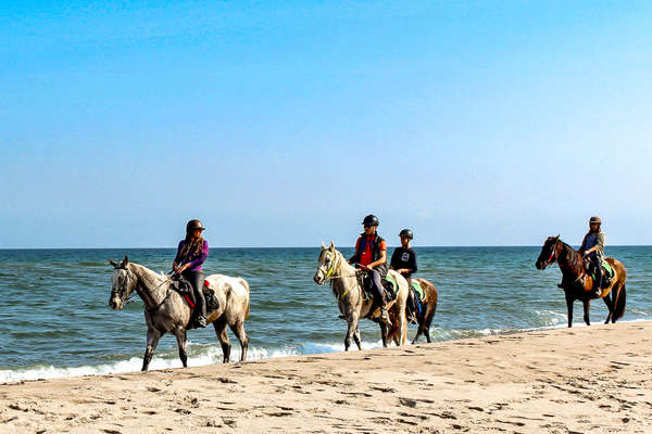 Riders riding alongside the beach with the Mediterranean sea